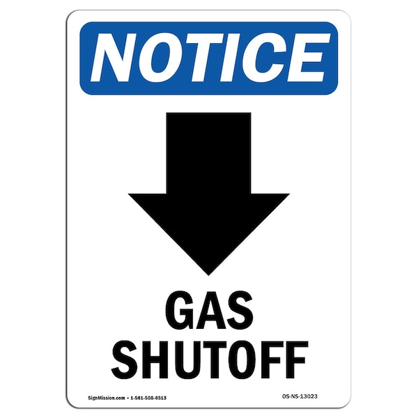 Safety Sign, OSHA Notice, 24" Height, Gas Shutoff (Down Arrow) Sign With Symbol, Portrait